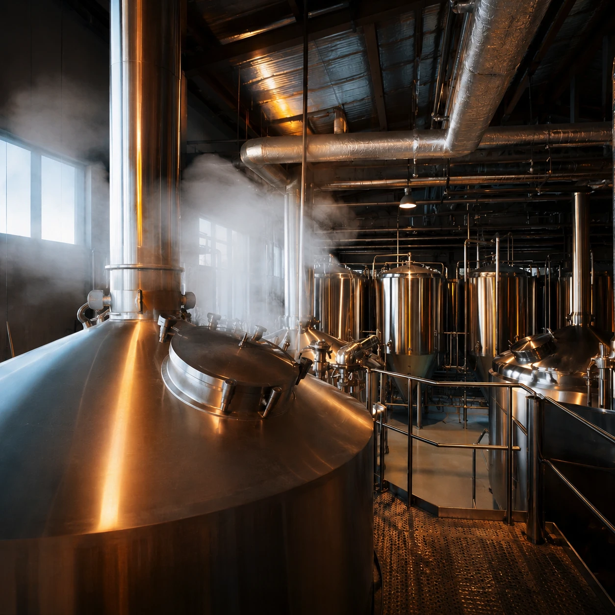Brewery brew kettles emitting steam for beverage production