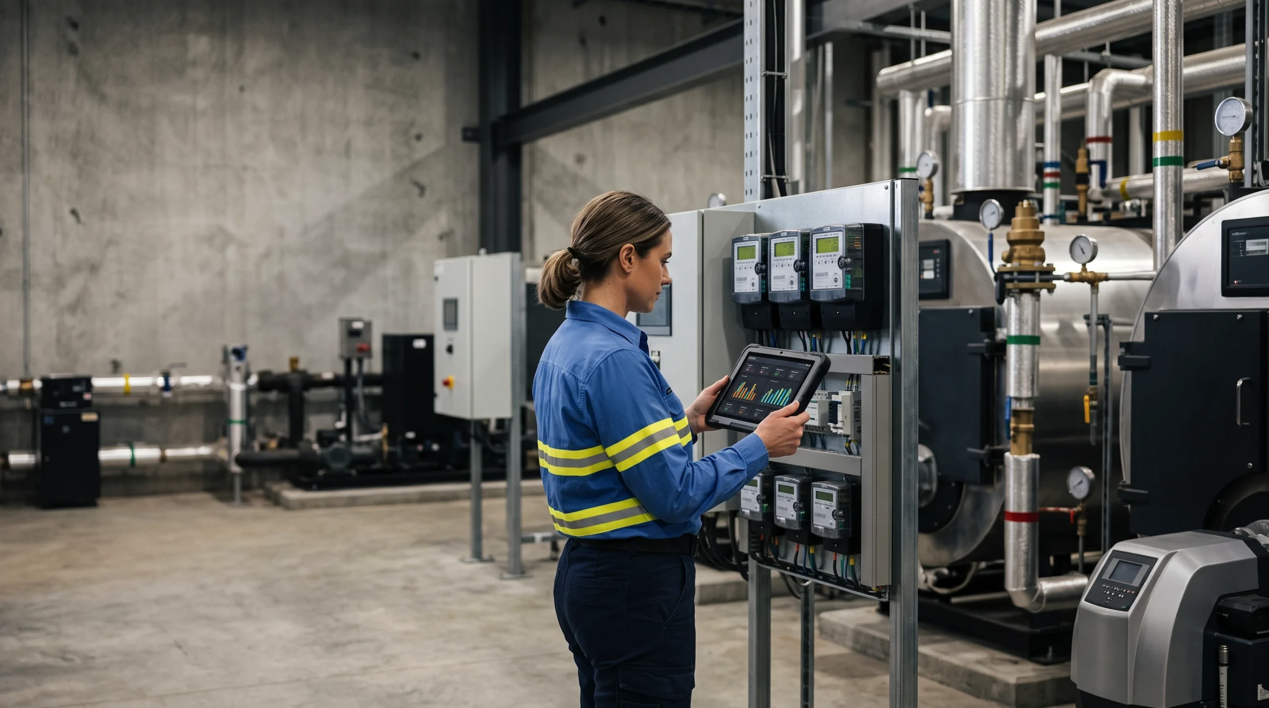 Engineer monitoring hospital energy meters on a tablet