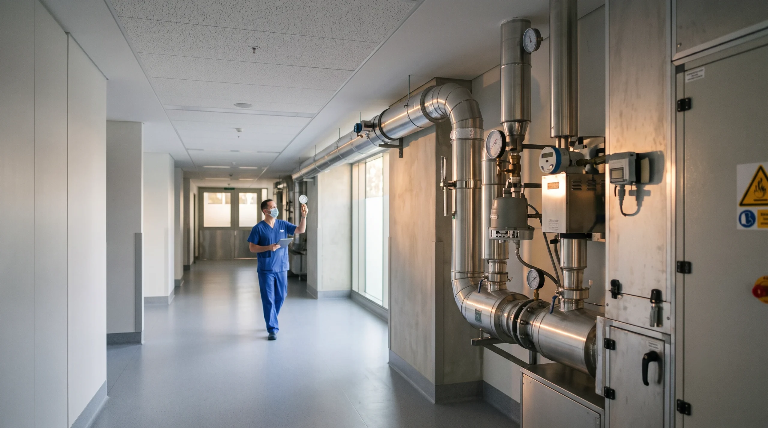 Hospital corridor with clinical air-handling pipework