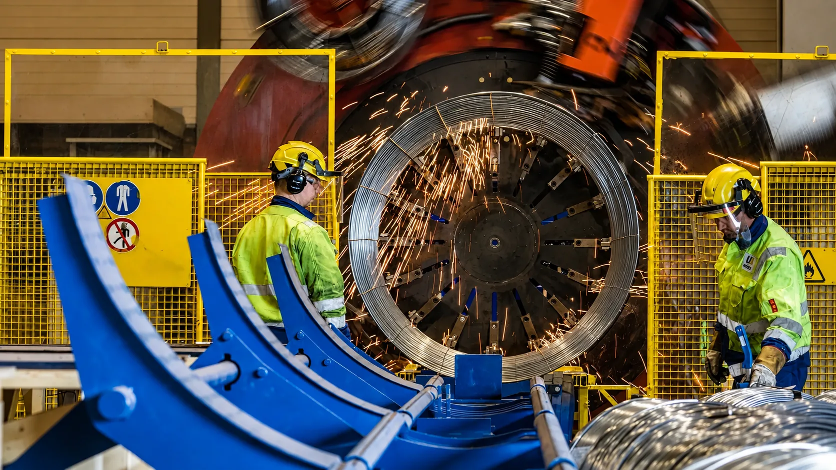 Workers manufacturing with welding sparks