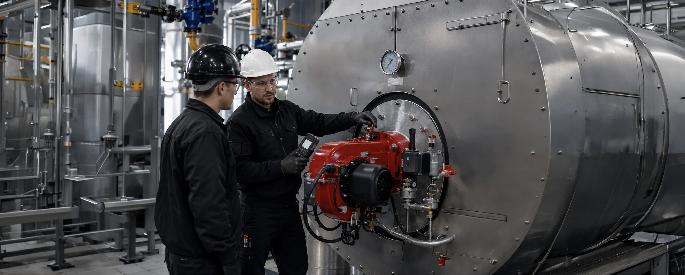 O'Brien technicians inspecting a steam boiler burner during training