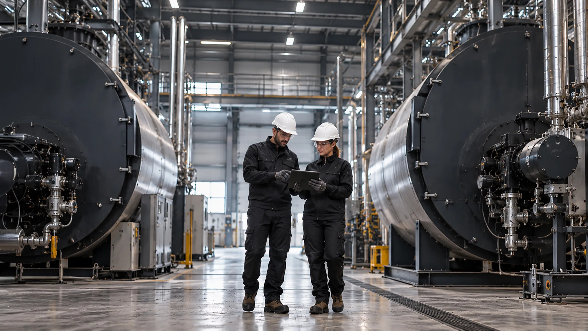 Two O’Brien technicians reviewing steam boilers in an industrial boiler hall