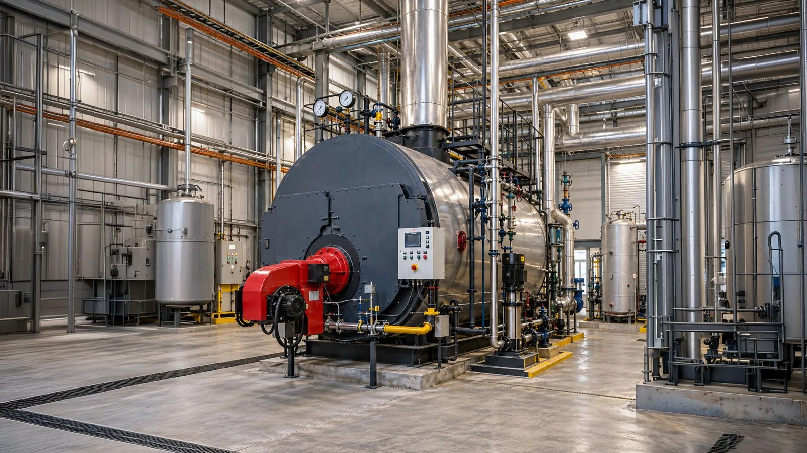 Firetube steam boiler with a red modulating gas burner, control panel and safety interlocks in an industrial plant room